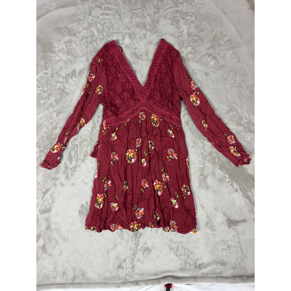 Altar'd State Burgundy Floral Lace V-Neck Mini Dress Long Sleeve Boho Small